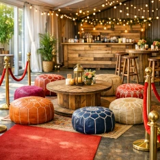 sfeer opbouwen feest Sfeervol ingerichte feestlocatie in het daglicht met rode loper, lounge en bar