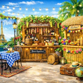 Sfeervolle aankleding voor een wereldreis themafeest met een Italiaanse wijnbar, Frans bistrotafeltje en tropische Hawaii decoratie.