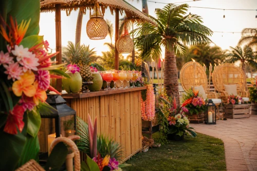 Sfeervolle beachbar met tropische decoratie en verlichting voor een tropisch themafeest